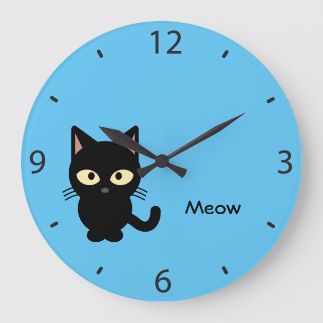 Grande Horloge Ronde Caricature de miow en chat noir mignon (Recto)
