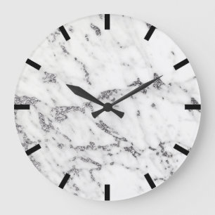 Grande Horloge Ronde Carrara Marbre gris argent noir blanc pierre