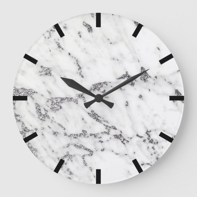 Grande Horloge Ronde Carrara Marbre gris argent noir blanc pierre (Recto)