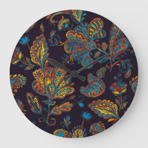 Grande Horloge Ronde Carreau à motif floral aquarelle Paisley