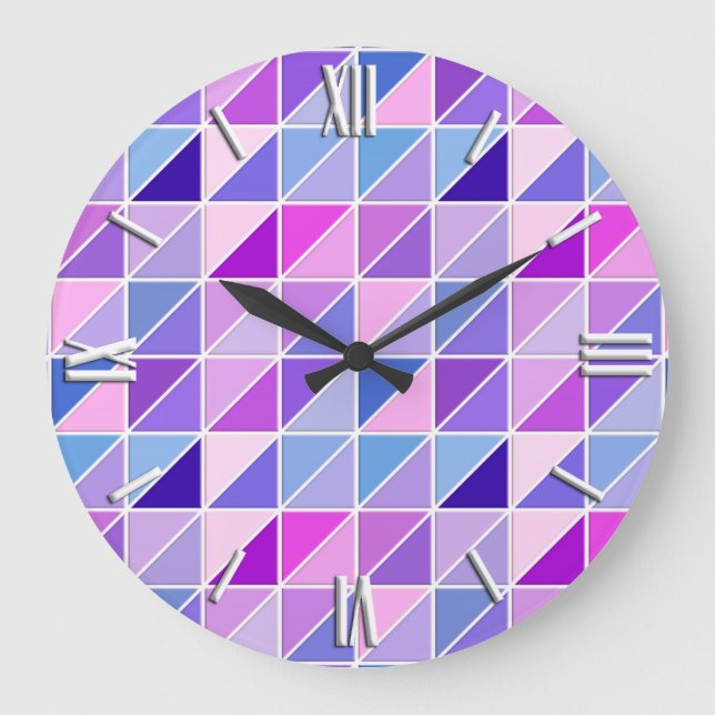 Grande Horloge Ronde Carreaux de mosaïque - rose, aqua, bleu et violet (Recto)