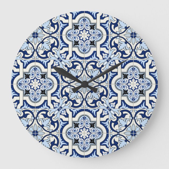 Grande Horloge Ronde Carreaux marocains : Bleus Motifs magnifiques. (Recto)