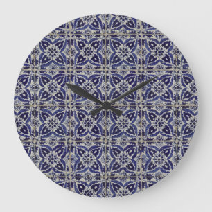 Grande Horloge Ronde Carrelage italien rustique Azulejo bleu blanc géom