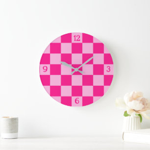 Grande Horloge Ronde Carrés à carreaux rose chaud clair géométrique rét