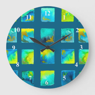 Grande Horloge Ronde carrés bleu et vert aquarelle
