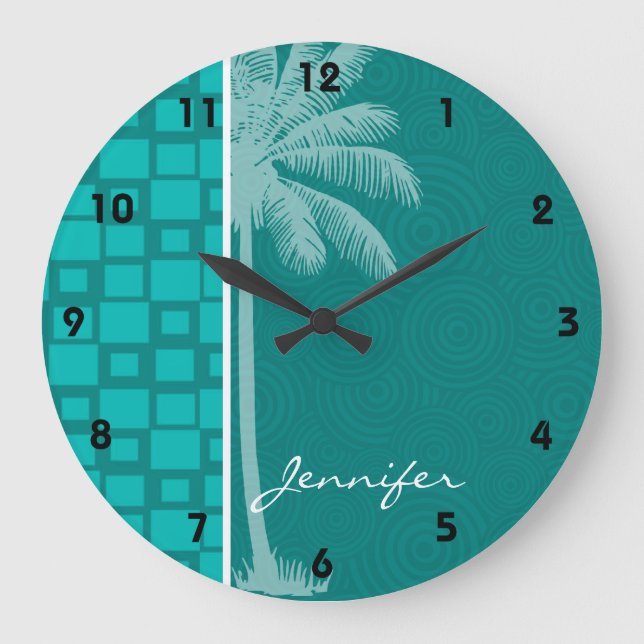 Grande Horloge Ronde Carrés turquoise tropicaux (Recto)