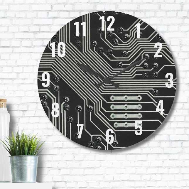 Grande Horloge Ronde Carte à circuit noir technologique (Black Circuit Board Electronic Tech Computer Large Clock)