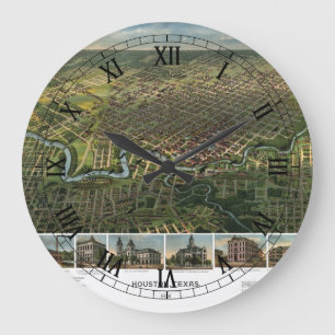 Grande Horloge Ronde Carte ancienne de Houston, Texas avec rivière Buff