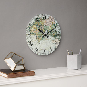 Grande Horloge Ronde Carte ancienne du monde antique vintage par Pieter