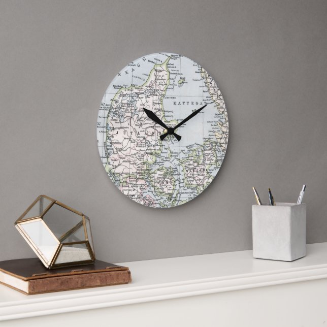 Grande Horloge Ronde Carte antique du Danemark, Danmark en danois, 1905 (Bureau)