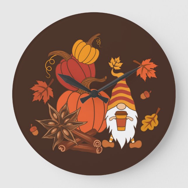 Grande Horloge Ronde Carte Citrouille Gnome d'automne (Recto)