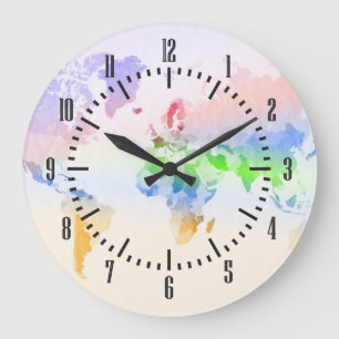 Grande Horloge Ronde Carte colorée chiffonnée du monde