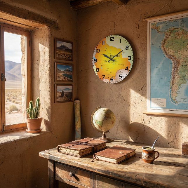 Grande Horloge Ronde Carte de la Bolivie avec les villes et les frontiè (Créateur téléchargé)