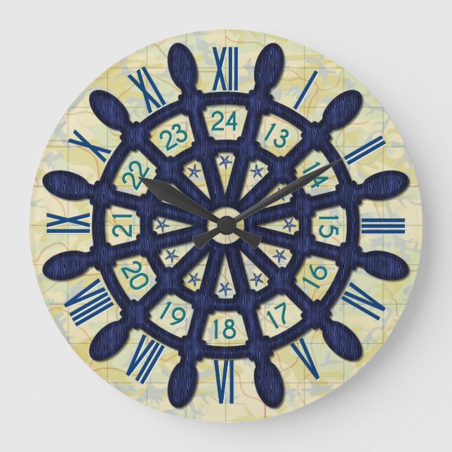 Grande Horloge Ronde Carte de marin nautique bleu en bois de roue de (Recto)