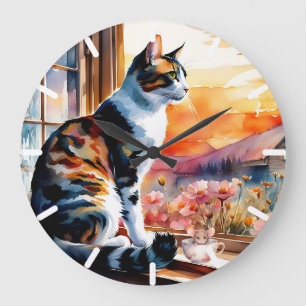 Grande Horloge Ronde Carte de voeux Watercolor Cat and Mouse