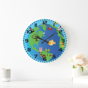 Grande Horloge Ronde Carte du monde animal Mignonne illustration de la