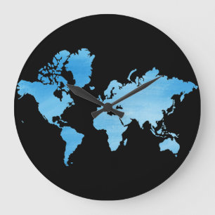 Grande Horloge Ronde Carte du monde bleue minimale Art aquarelle