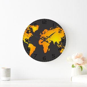 Grande Horloge Ronde Carte du monde lumineuse en orange et jaune