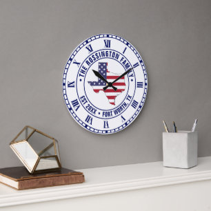 Grande Horloge Ronde Carte du Texas avec drapeau américain Nom de famil