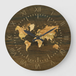Grande Horloge Ronde Carte en bois du monde