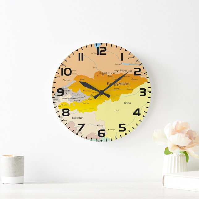 Grande Horloge Ronde Carte politique du Kirghizistan et d'Asie centrale (Créateur téléchargé)