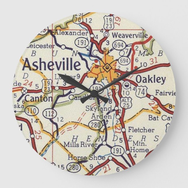 Grande Horloge Ronde Carte Vintage d'Asheville (Recto)