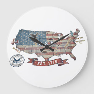Grande Horloge Ronde Carte vintage des États-Unis - American Patriot Wi