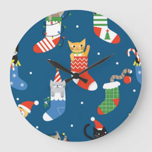 Grande Horloge Ronde Cartographie de Noël Chats Motif mignon