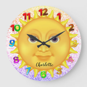 Grande Horloge Ronde Carton mignon Soleil souriant avec Bumblebee doux