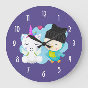 Grande Horloge Ronde Carton mignon Unicorne & Oiseaux Pals