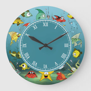 Grande Horloge Ronde Cartoon Fish Underwater Roman Numbers