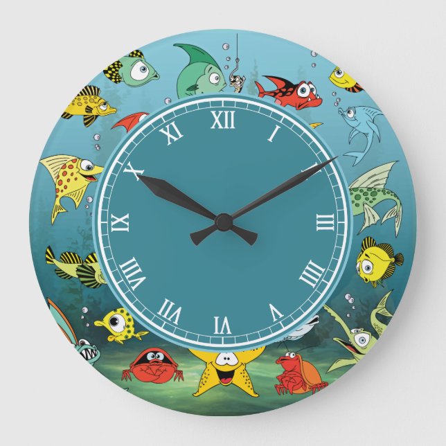 Grande Horloge Ronde Cartoon Fish Underwater Roman Numbers (Recto)