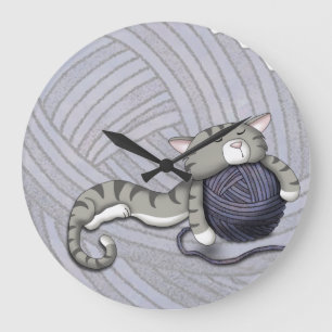 Grande Horloge Ronde Cartoon Kitty avec boule de fil