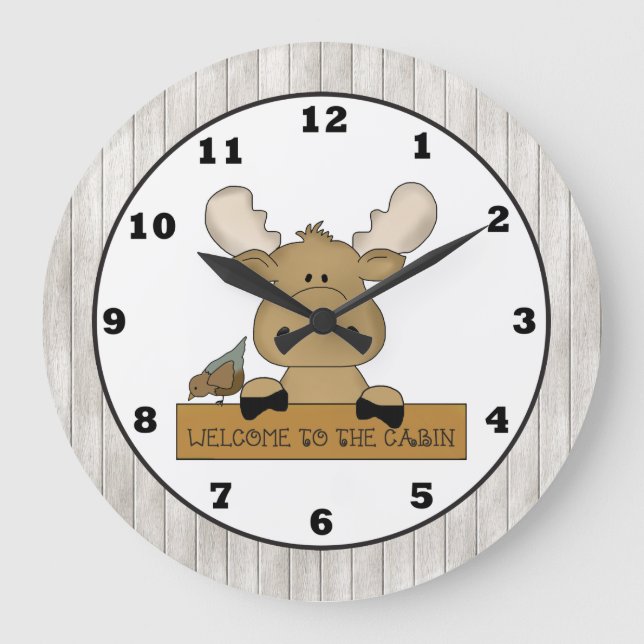 Grande Horloge Ronde Cartoon Moose Welcome Cabin wall clock (Recto)