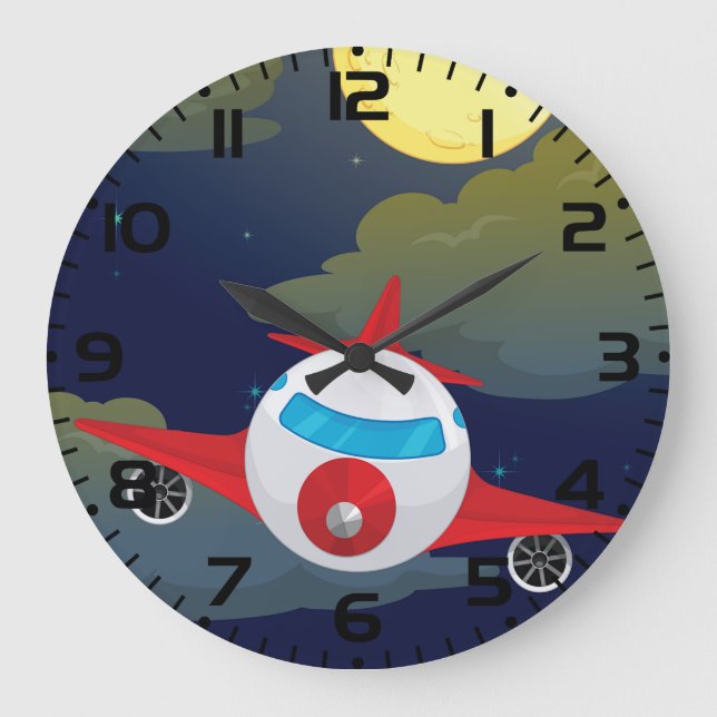 Grande Horloge Ronde Cartoon Red Airplane Flying In Night Sky (Recto)