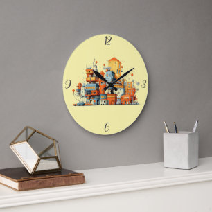 Grande Horloge Ronde Cartoon Ville Colorée Urbain Jaune Arrière - plan
