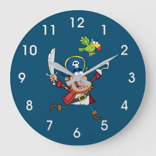 GRANDE HORLOGE RONDE CARTOUCHE DE PIRATE ET DE PARROT
