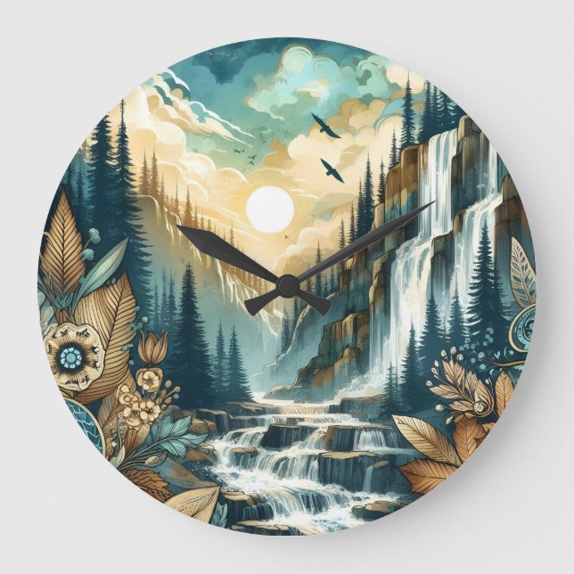 Grande Horloge Ronde Cascade de Forest Mountain Boho Motif naturel (Recto)