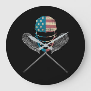 Grande Horloge Ronde Casque Et Bâton Lacrosse Drapeau Américain