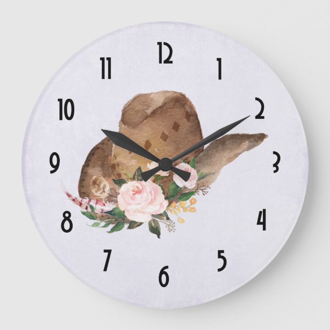 Grande Horloge Ronde Casquette Brown Cowgirl avec fleurs roses (Recto)