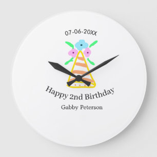 Grande Horloge Ronde Casquette orange 2e anniversaire enfants rétro flo