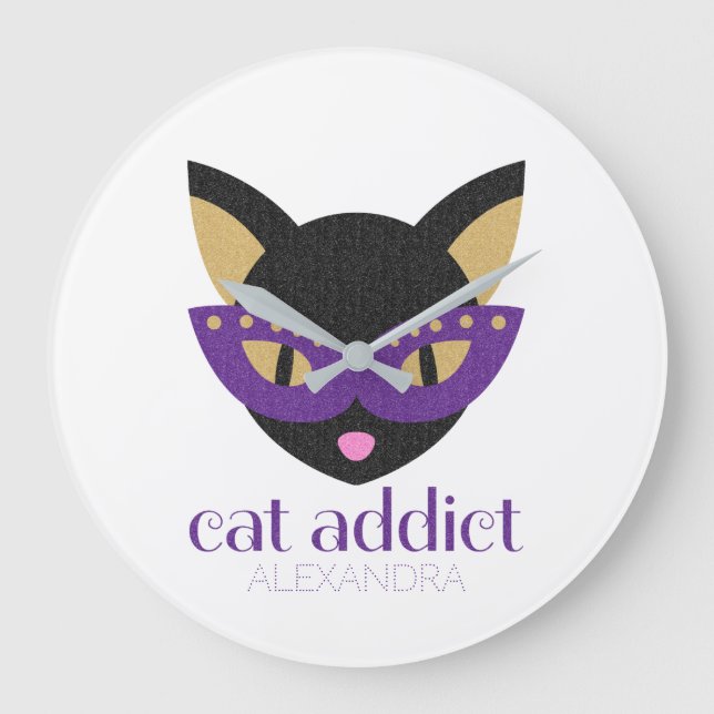Grande Horloge Ronde Cat Addict Cute Black Purple Gold Customized (Recto)