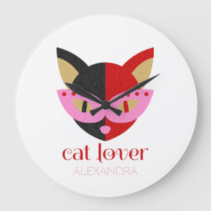 Grande Horloge Ronde Cat Lover Cute Black Red Pink Name Personalized