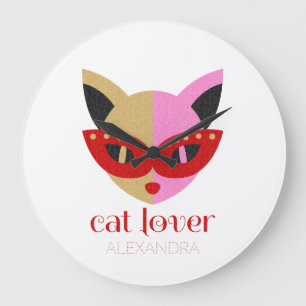 Grande Horloge Ronde Cat Lover Cute Red Pink Gold Name Personalized