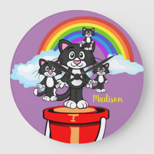 Grande Horloge Ronde Cat Rainbow Clouds Clock