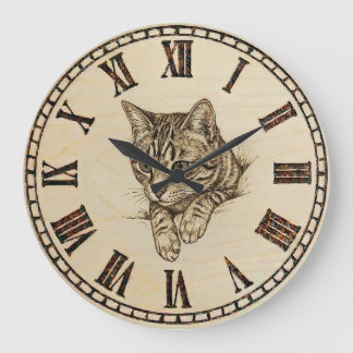 Grande Horloge Ronde Cat Wall Clock with Wood-Burned Style Illustration