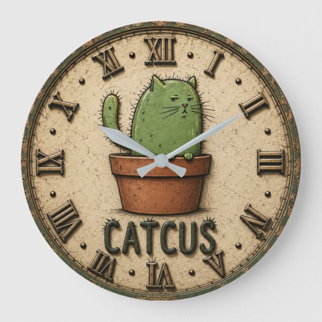 Grande Horloge Ronde Catcus Funny Cactus Cat (Recto)