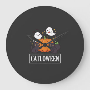 Grande Horloge Ronde Catloween Drôle Chat Fantôme Citrouille Halloween 
