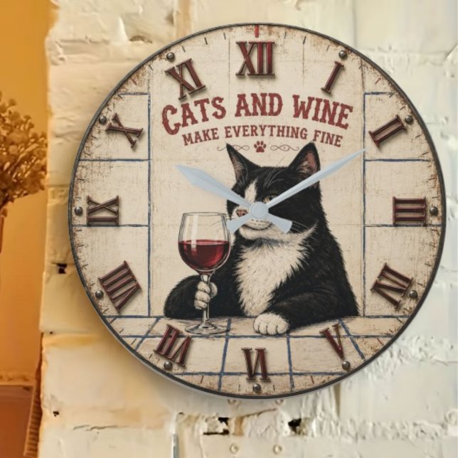 Grande Horloge Ronde Cats and Wine Make Everything Fine (Créateur téléchargé)
