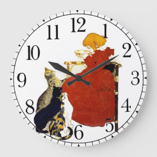 Grande Horloge Ronde Cats Girl Milk French Art Nouveau Wall Clock